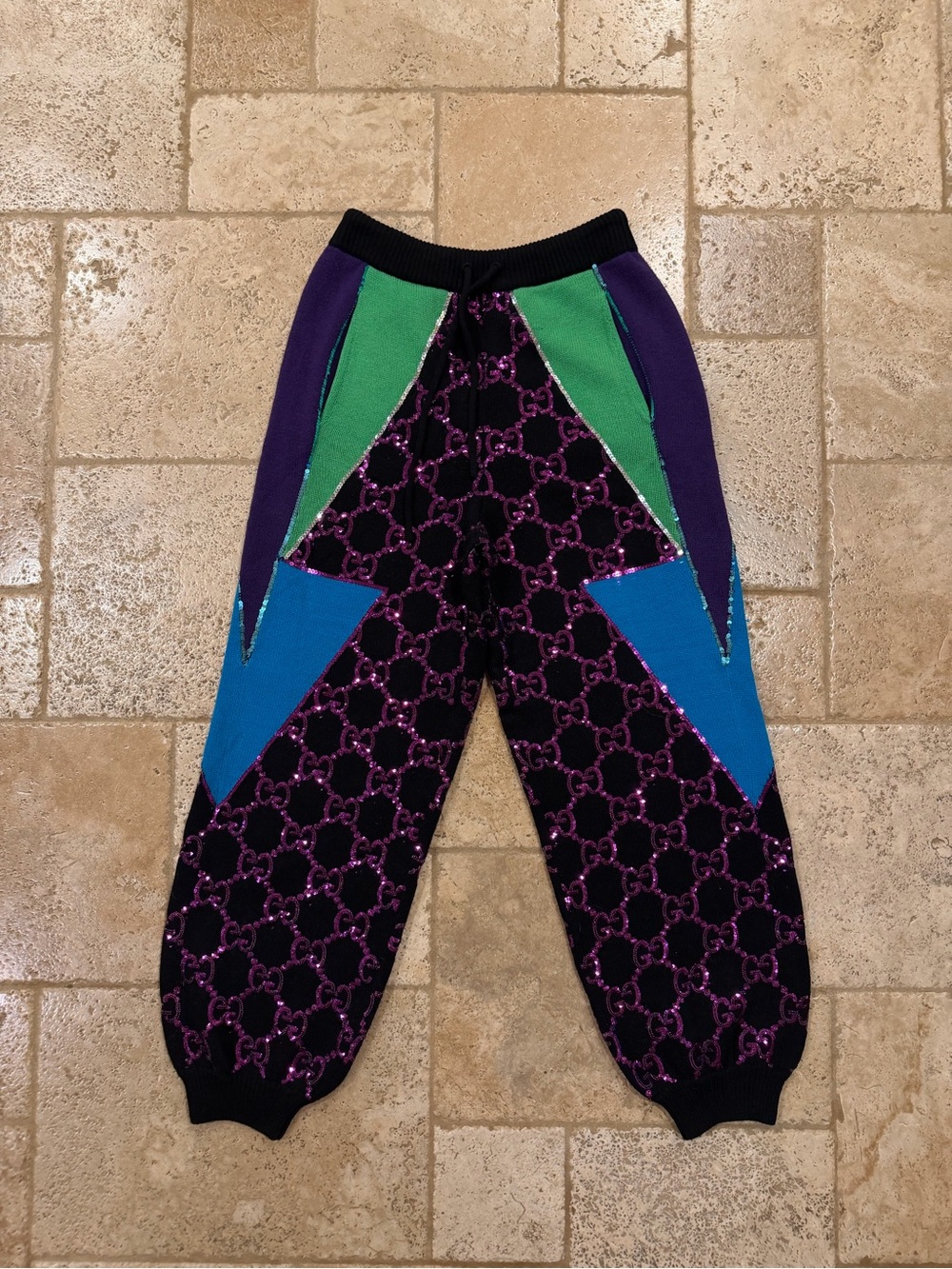 Gucci GG Sequin Monogram Purple / Black Wool Rib Knit Sweat Pants Jogger